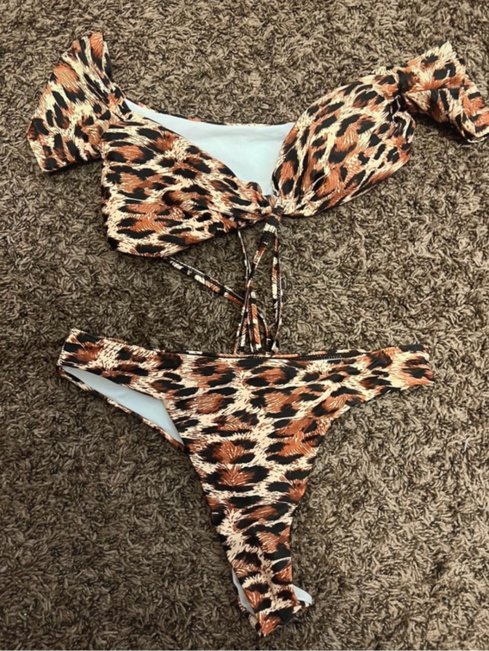 Leopard Print Tie-Front Bikini Set - Brown & Black